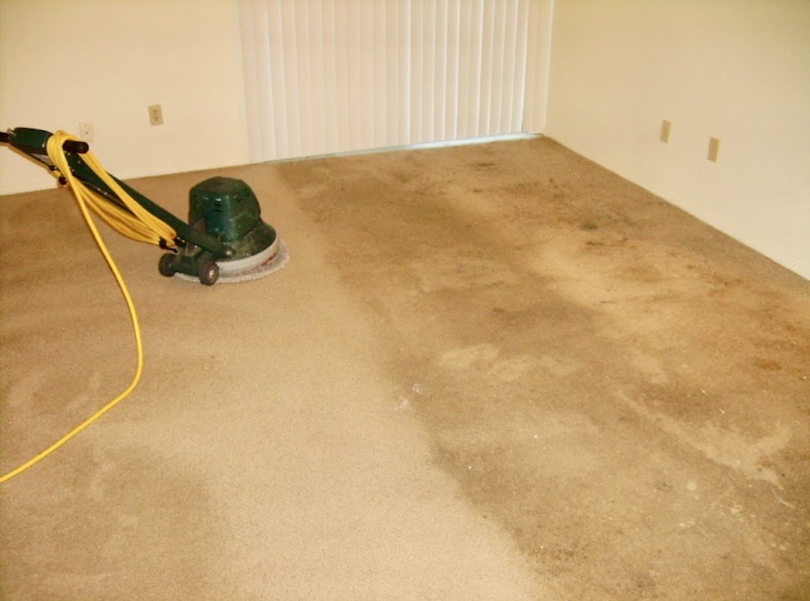 Before carpet cleaning with heavy spotting and traffic soil