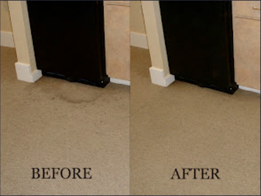 Before and after carpet stain cleaning near fireplace