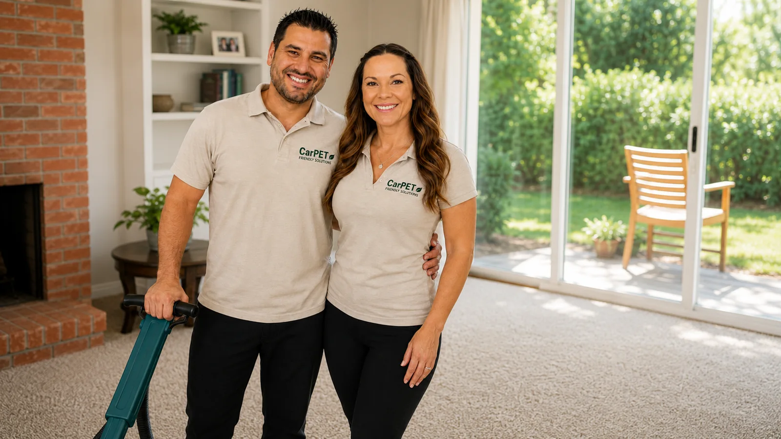 William and Rebecca Inselman, owner-operators of CarPET Friendly Solutions, standing together in a bright carpeted living room